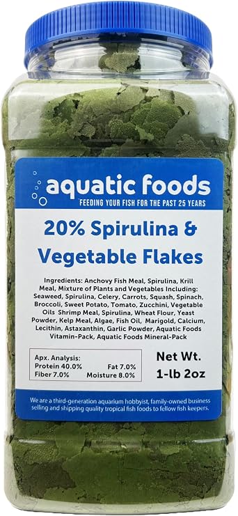 Vegetable & 20% Spirulina Plus Enhanced Premium Flakes for African Cichlids, Herbivores, AF...1-lb 2oz Lg Jar
