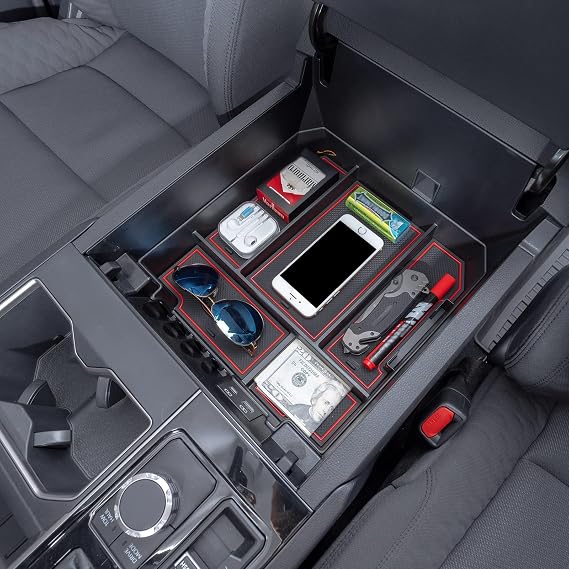 JDMCAR Center Console Organizer for 2022-2026 Toyota Tundra Accessories | Armrest Secondary Storage Box ABS Material with Non-Slip Mats (Red Trim)