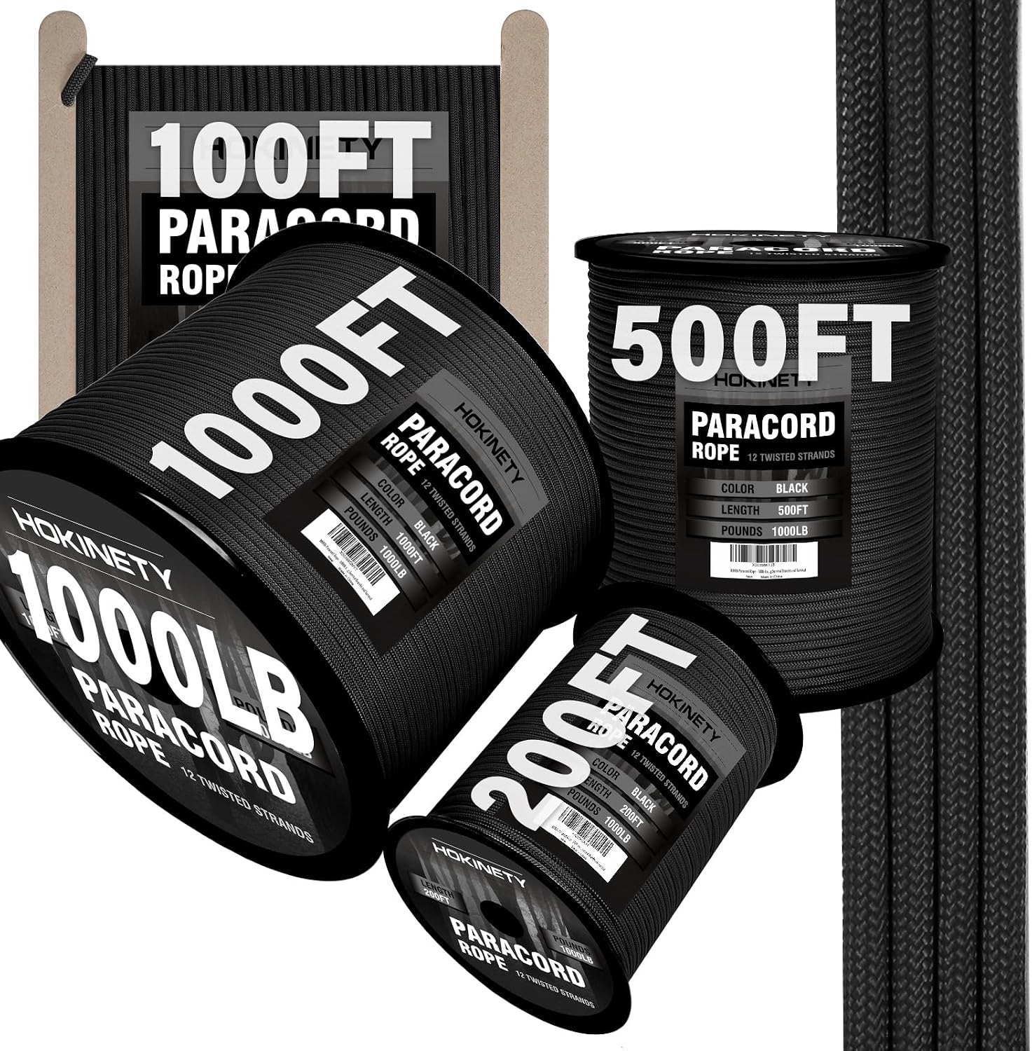 1000Ib Paracord Rope - 100ft  200ft  500ft  1000ft 4mm,12 Strand Parachute Spool Cord,para Cord Lanyard for Camping,Hammock,Clothsline,Hiking,Fishing,Survival braceletand Survival - Black 100FT