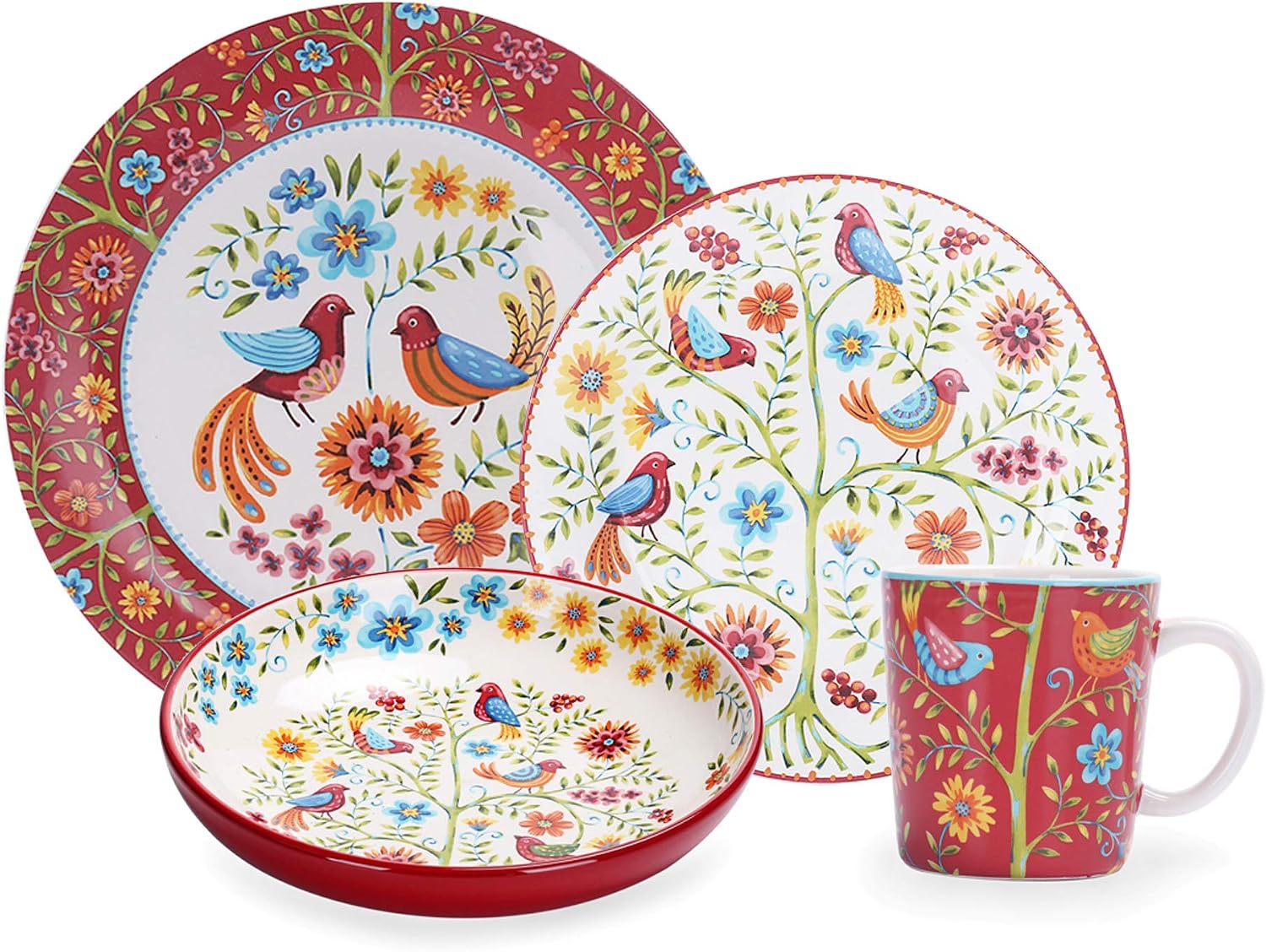 Bico Red Spring Bird Ceramic 16 pcs Dinnerware Set, Service for 4, Inclusive of 11 inch Dinner Plates, 8.75 inch Salad Plates, 35oz Dinner Bowls and Mugs, for Party, Microwave & Dishwasher Safe