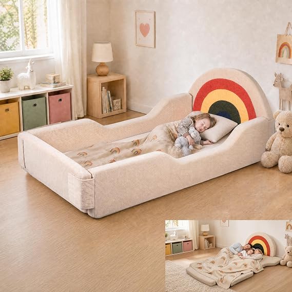 Toddler Bed with Mattress Included, Rainbow Toddler Floor Beds No Assembly Needed, Soft Foam Kids Floor Bed with Fold-Down Rails, No Wood Frame Safety Floor Beds for Boys and Girls Aged 2-8 Years