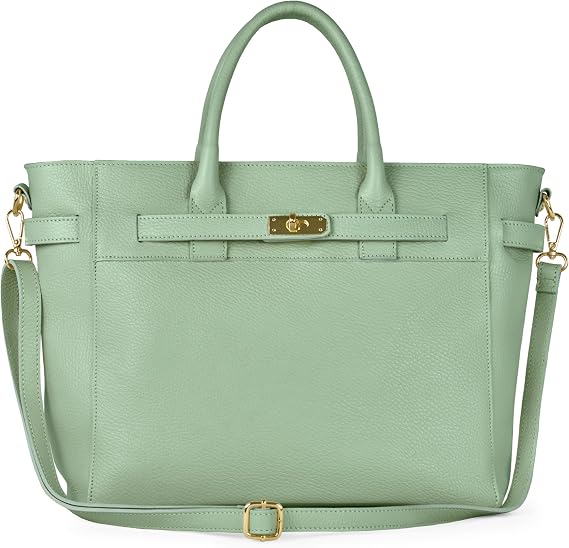 Italian Genuine Calf Leather Handbag for Women with Zipper & Adjustable Strap | Medium Top-Handle Satchel Purse (Sage Green)