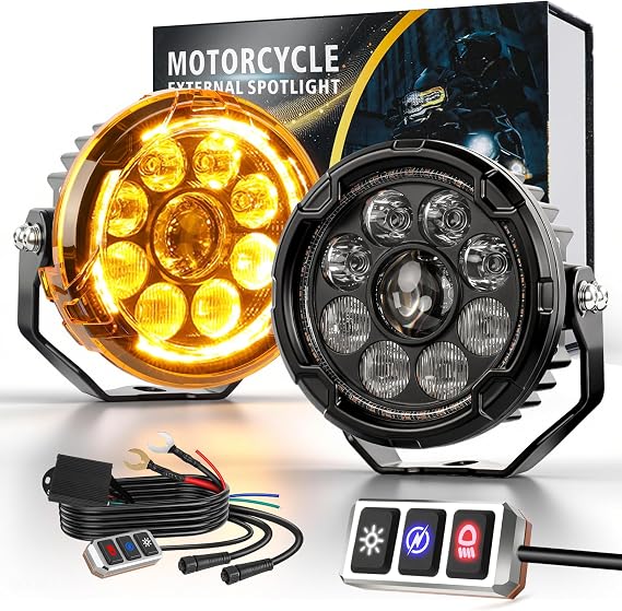 CO LIGHT 4.5 Inch Motorcycle Fog Lights 120W White/Yellow Auxiliary Lights with Hilo Beam Amber DRL LED Pod Lights with Amber Mask and Wiring Harness for Motorcycle ATV UTV Night Riding ADV Touring