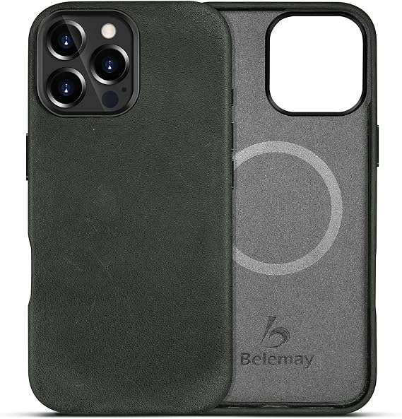 Belemay Compatible with iPhone 16 Pro Max Leather Case, Compatible with Magsafe, Premium Crazy Horse Leather [Vintage Aesthetic] Comfort Grip, Metal Buttons & Camera Bump Frame, (6.9") Rustic Green