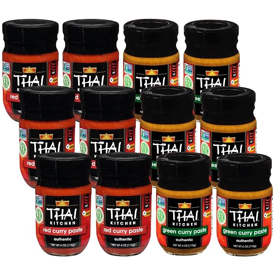 Thai Kitchen Gluten Free Red Curry Paste, 4 oz (Pack of 6) with Thai Kitchen Gluten Free Green Curry Paste, 4 oz (Pack of 6)