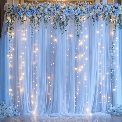 10ft x 10ft Baby Blue Tulle Photo Backdrop Curtain with Lights String for Parties Wedding Sheer Blue Curtain Backdrop for Birthday Party Baby Shower Boy Photo Booth Photography Background Decorations