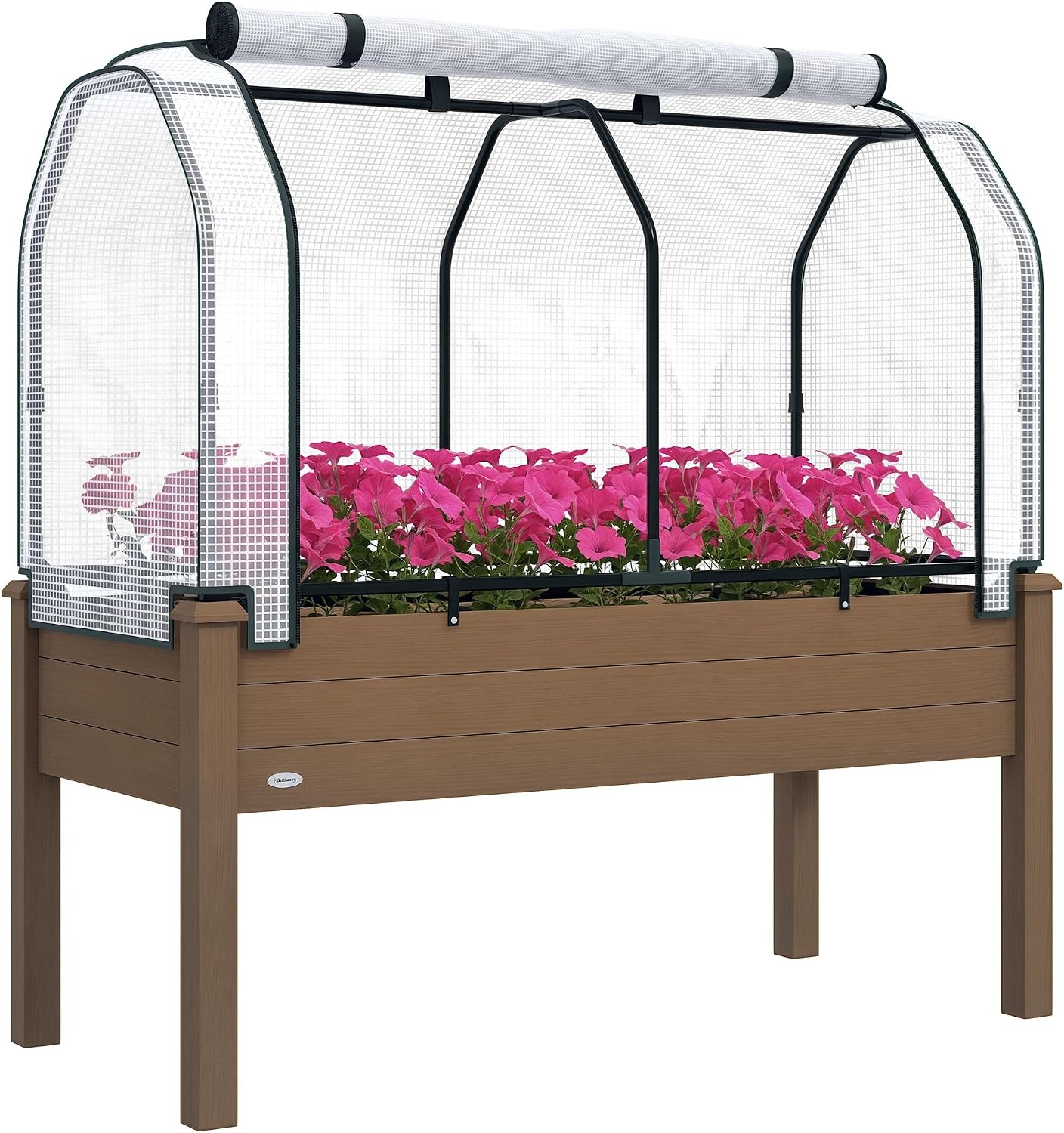 Outsunny Raised Garden Bed with PE Greenhouse Cover Outdoor Elevated Wood Planter Box for Herbs and Vegetables, Use for Patio, Backyard, Balcony, 48 x 22 x 46 inch, Brown