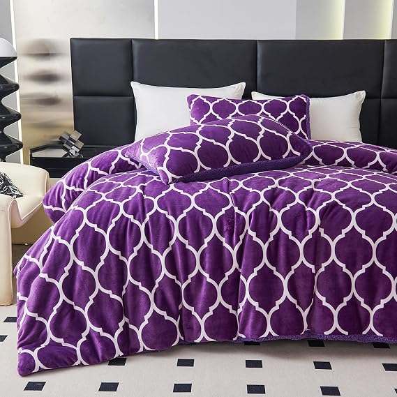 Purple King Size Comforter Set, Sherpa Fleece Bedding Comforter Set King Size for Winter, Fluffy Soft Fuzzy Reversible Warm Bed Set with 2 Pillowcases(104 x 90 Inches