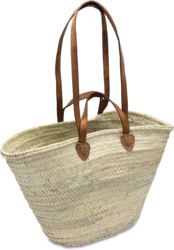 French Basket with Double Flat Leather Handles Straw Bag, Beach Tote, Wicker Market Basket, Handmade Summer Shopping Basket