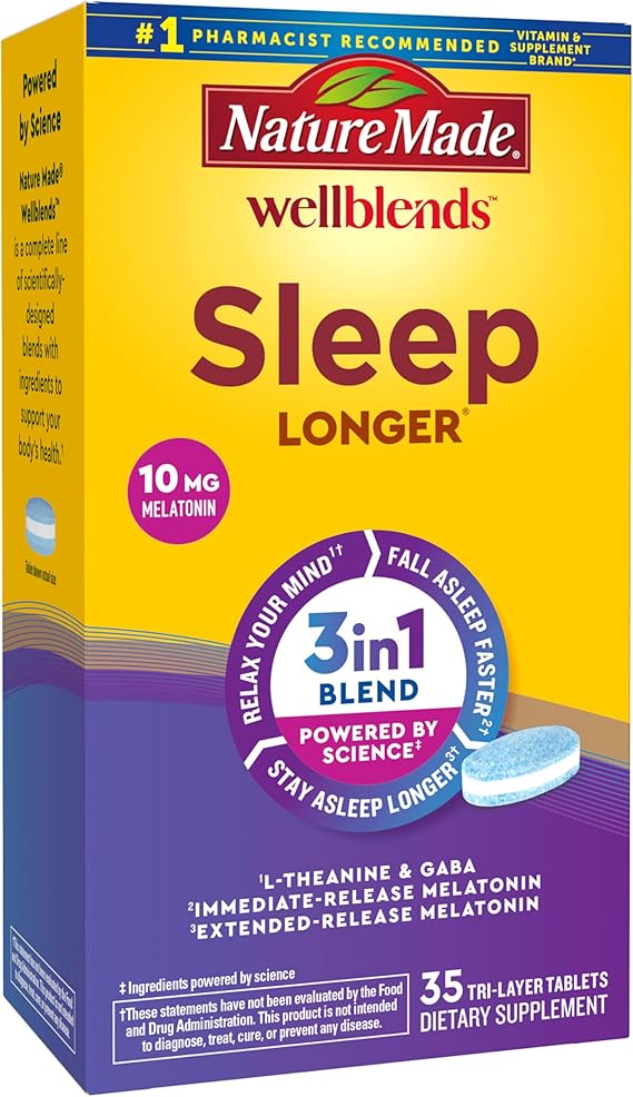 Nature Made Wellblends Sleep Longer, 35 Tri-Layer Tablets | Melatonin 10mg, L theanine 100 mg, and GABA 100mg, Sleep Supplement
