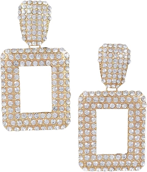 Rectangular Chain Drop Earrings for Women, Rhinestone Open Rectangle Dangle, Gold, Silver, or Hematite