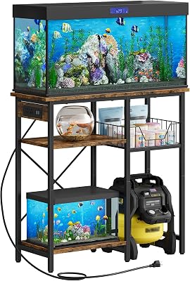 Fish Tank Stand with Power Outlet, Aquarium Stand with Wire Storage Basket, 10-15 Gallon Reptile Tank Stand with Shelves, Aquarium Table, for Home, Office, Rustic Brown and Black TCW78UBF