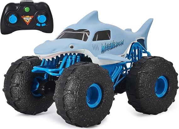 Monster Jam Megalodon Storm, RC Truck, kara ve su için köpekbalığı görünümlü amfibi araç,1:15 ölçek - çok kolay kullanım, 4 yaşından itibaren | 30 m menzil | USB şarj edilebilir | 7,5 km/saat hızlı | uzaktan kumandalı | kar, çamur ve çim için