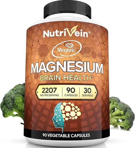 Nutrivein Magtein Magnesium L-Threonate 2207 mg - 90 Capsules, 3 a Day | High-absorption threonate form for men and women. Supports brain health, restful sleep, mood, and recovery. 30-day supply.