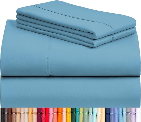LuxClub 4 PC Queen Sheet Set, Sheets Queen Size, Deep Pockets 18" Wrinkle Free Cooling Sheets Machine Washable Hotel Bedding Silky Soft - Light Blue Queen