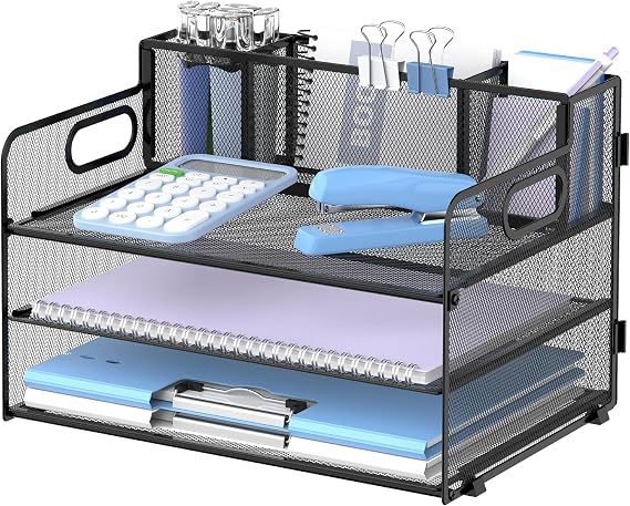 3 Tier Desk Organizer with Handle & 3 Pen Holders, Mesh Paper/File Organizer for Desk, Paper Letter Tray Organizer for Office Supplies (Black)