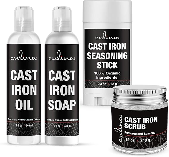 Culina Cast Iron Seasoning Stick & Soap & Oil Conditioner & Restoring Scrub | All Natural Ingredients | Best for Cleaning, Non-stick Cooking & Restoring | for Cast Iron Cookware, Skillets, Pans