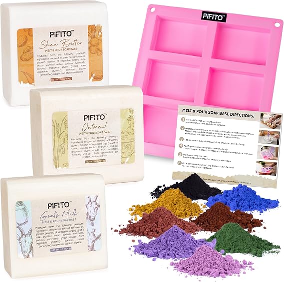 Pifito Soap Making Kit DIY Soap Making Supplies - 3 lbs Melt and Pour Soap Base (Shea Butter, Goats Milk, Oatmeal), 8-Pack Oxide Pigment Colorants Sampler, Mold and Instructions