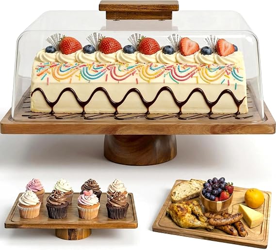 Rectangular Acacia Wood Cake Stand with Thickened Acrylic Cover | 2-in-1 Cake Stand/Charcuterie Board, 15''L*11.5"W, Stablize & Solid, Party Decorations, Gift-Ready, Fit Parties, Holiday