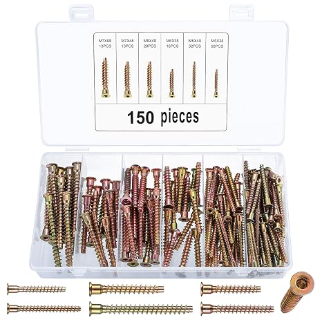 150 Confirmat Screws - Allen Key, Flat Pack, Carcass, Hex Socket, Chipboard Furniture Connecting Screws - Zinc, M5/M6/M7
