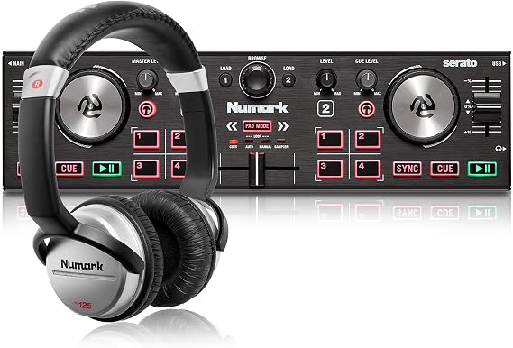 Numark DJ2GO2 Touch Bundle – Compact 2 Deck USB DJ Controller For Serato DJ with a Mixer / Crossfader, Audio Interface and DJ Headphones