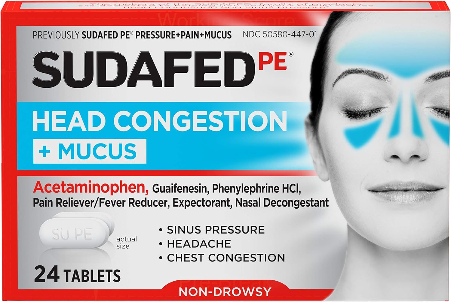 Sudafed PE Head Congestion  Mucus Tablets for Sinus Pressure, Pain & Congestion, 24 ct