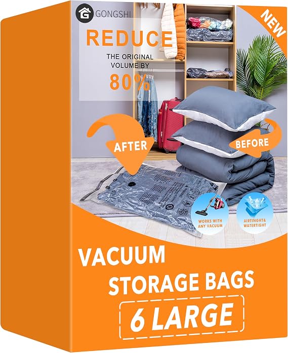 6 Large Vacuum Storage Bags,Space Saver Sealer Compression Bags for Blankets, Comforters, Pillows, Clothes Storage