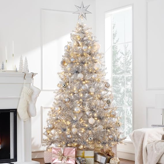 Best Choice Products 6ft Prelit Tinsel Christmas Tree, Artificial Seasonal Holiday Decoration w/ 1,000 Branch Tips, Stand - Silver