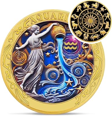 Aquarius 12 Zodiac Challenge Coin - Twelve Constellations Aquarius Protective Talisman Coin - Divination Tarot Zodiac Signs Coin - Meaningful Star Good Luck Charms Zodiac Gift for Men Women Friend Kid