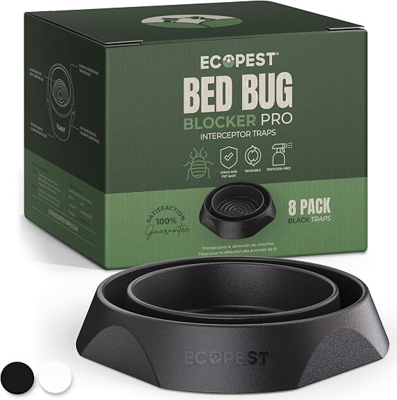 Bed Bug Interceptors 8 Pack | Bed Bug Blocker (Pro) Interceptor Traps (Black) | Insect Trap, Monitor, and Detector for Bed Legs
