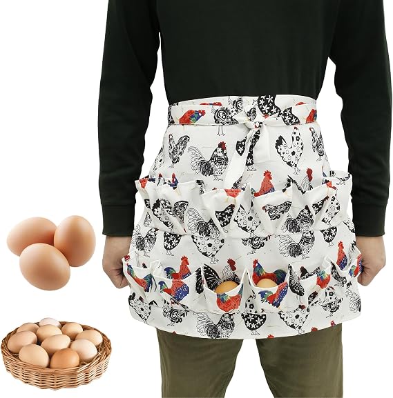 Egg Collecting Apron, 12 Deep Pockets Egg Apron for Chicken Duck Goose Eggs, Cute Pattern Egg Carrier Apron Tear Resistant Eggs Aprons