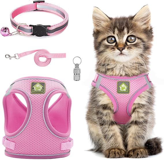 Cat Harness and Lead Set,Adjustable Reflective Stripe Cat Kitten Walking Vest with Leash Cats Collar,Escape Proof Soft Mesh Vest Harness and Lead for Small Medium Cats Pets Walking