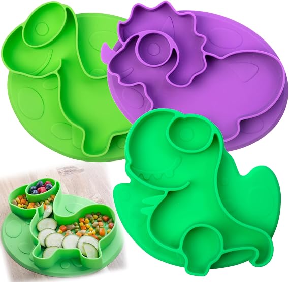 Toddler Silicone Non-Slip Divided Plates- 3 Difft Dino Designs (T-Rex Tricera Bronto)- Large Compartments for Easy Food Training-Unbreakable Dishwasher Microwave Safe-For Baby Kids Food Grade BPA Free