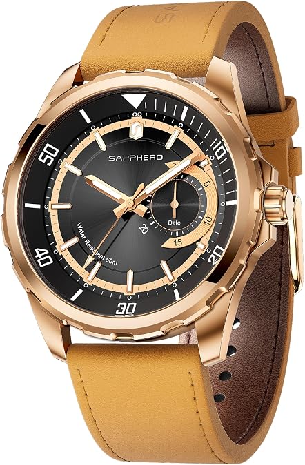 SAPPHERO Mens Watch with Date Subdial/Arabic Numeral Dial, Analog Quartz, Stainless Steel/Leather Strap, 50M Waterproof, Business Work Sport Casual Dress Wristwatch, Elegant Gift for Men