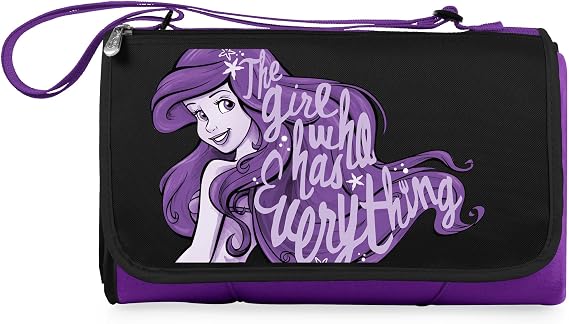 PICNIC TIME Disney The Little Mermaid Blanket Tote Picnic Blanket, Folding Outdoor Beach and Camping Blanket with Carry Tote and Zipper Pocket, Water Resistant Fleece, (Purple with Black Flap)