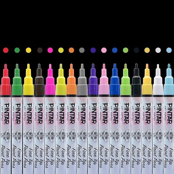 PINTAR | 16 PACK | Acrylic Paint Markers Fine Tip | Rock Painting, Wood, Glass, Leather, Shoes | Acrylic Paint Pens | Pack of 16, 1mm