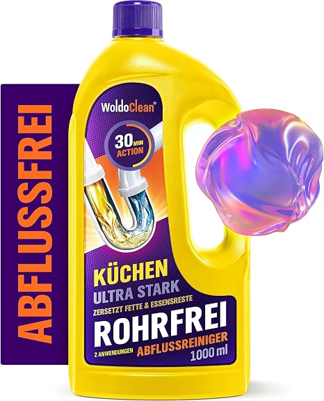 WoldoClean Rohrreiniger Küche Gel 1000ml - extra stark Fettlöser Spüle Abflussreiniger gegen Fett & Essensreste für Spülbecken Speisereste