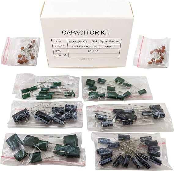 90 Piece Capacitor Kit, Includes Assorted Disk, Mylar, and Electro Capacitors in Storage Box