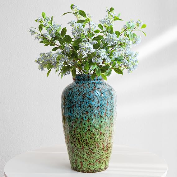 11 Inch Tall Ceramic Flower Vase, Unique Green Blue Vase for Home Decor