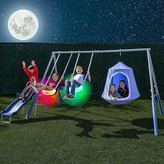 Sportspower Shooting Outdoor Nighttime Star Swing Set for Kids Ages 3-8, 500lbs Capacity, LED Swings & Hanging Tent, on 5ft Slide, 6.1ft Frame, Bonus Anchor Kit
