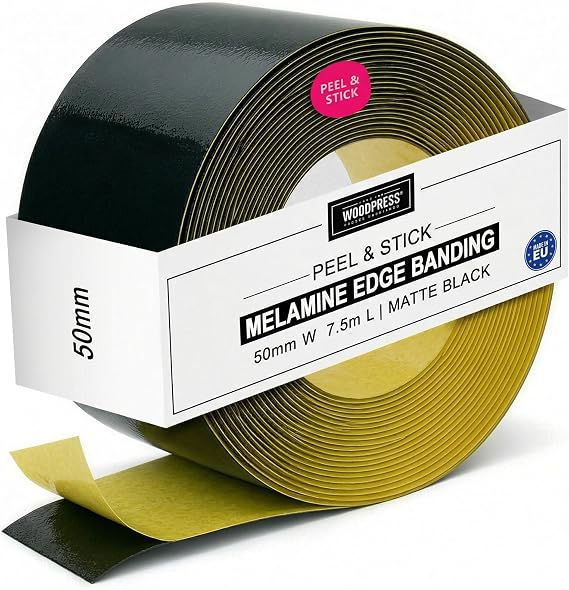 50mm Matt Black Peel & Stick Edging Tape - 7.5m Self-Adhesive Melamine Trim - Veneer Strip w/Sticky Backing - Easy DIY Fix (No Iron On) Edge Banding for Repair to Worktop, Shelf, Cabinet
