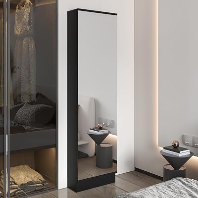 Ruan XL Shoe Rack with Mirror and Five Interior Shelves, Single Door Cabinet, Black