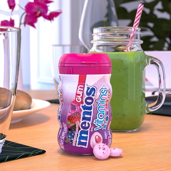 Mentos Vitamins Gum, Sugar-Free Chewing Gum With Vitamins and Xylitol Sweetener, Berry, 45 Count Bottle (Pack of 1)