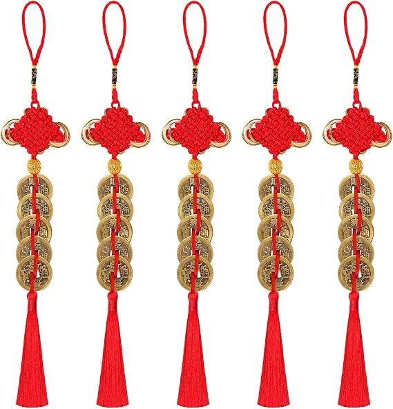 5 Pcs Lucky Charms Coins Hanging Pendants with Chinese Knot for Chinese New Year Decorations 2026,Feng Shui Fortune Coins for Home Car Tassel,Lunar New Year Oranment Blessing for Kids