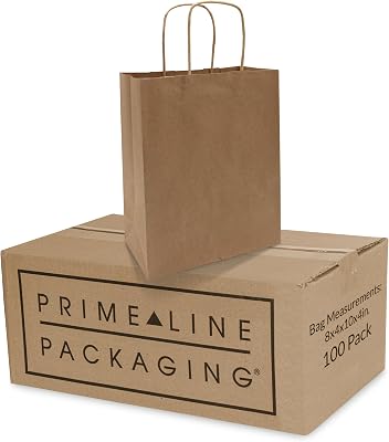 Prime Line Packaging Kraft Paper Bags, Brown Gift Bags with Handles, Small Craft Shopping Bags in Bulk for Boutiques, Small Business, Retail Stores, Gifts & Merchandise, Bulk, 8x4x10, 25 Pack