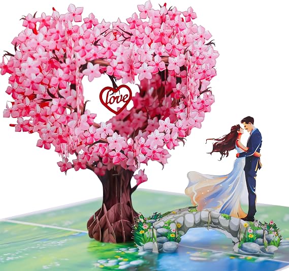 Pop Up Anniversary Cards, 3D Heart Cherry Blossom, Bridge with Couple Wedding Cards for Wife, Husband, Her, Him, Girlfriend, Ideal Gift for Birthday, Wedding, Valentines, Mothers Day, 6x8 inch