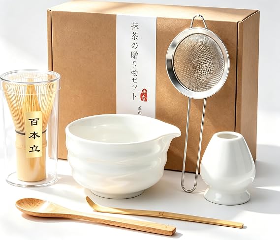 6 Pcs Matcha Set - Matcha Whisk Set & Matcha Bowl Set with Bamboo Scoop, Stainless Steel Sifter, 19 oz Ceramic Pouring Bowl, Matcha Spoon, Whisk Holder - Japanese Tea Ceremony Kit for Gifts (White)