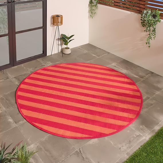 OHS Round Outdoor Rug Stripe, Weather Waterproof Reversible Garden Rugs Foldable Round Rug Non Slip Easy Clean UV Decking Lawn Patio Carpet Outdoor Mat, Orange/Pink - 170cm