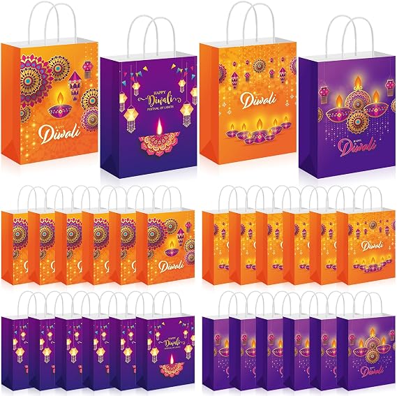 Nezyo 24-Piece Diwali Gift Bags with Handle - Festival of Lights Treat Bags - 8.27 x 5.91 x 3.15 inches - Paper - Orange, Purple - Tartan Pattern - Happy Diwali Theme