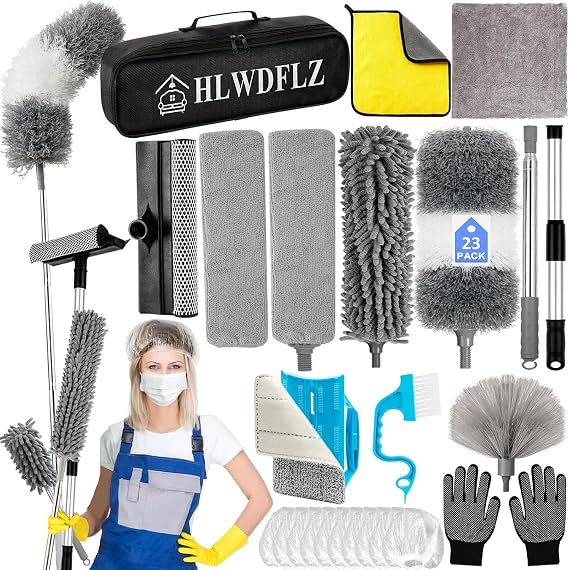 Microfiber Duster Kit 23pcs with 30 to 100 Inches Extension Pole and Extendable Window Squeegee, Washable and Bendable Feather Duster for Cleaning Ceiling Fans, High Ceilings, Cobwebs, Blinds